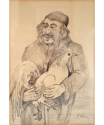 Rysunek - portret Żyda z kogutem w  ramie - autorstwa M. Sałabaj